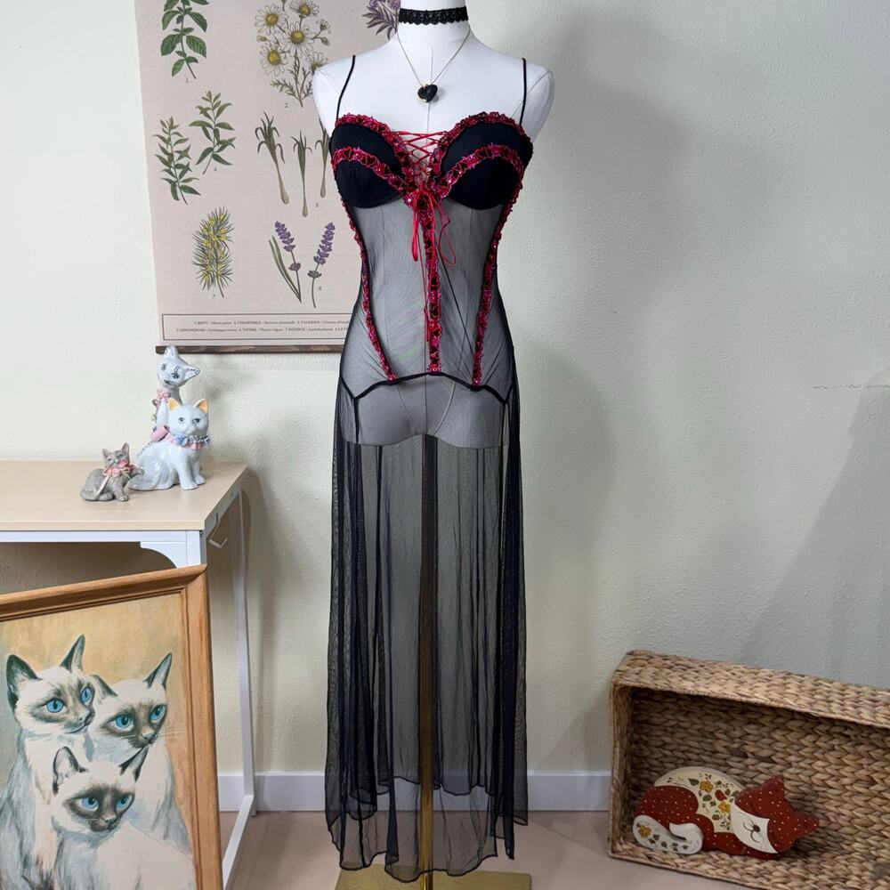 90s Y2k Beaded Heart Sheer Mesh Maxi Lingerie Dress Sexy Romantic Goth Vampire M